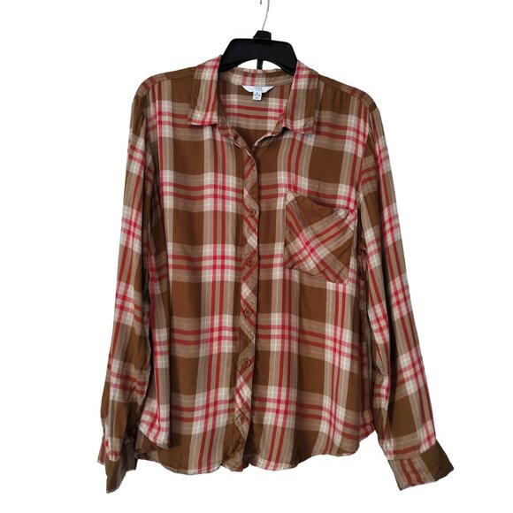 TIME AND TRU Plaid Button Down Long Sleeve Shirt Size XL Brown/Red Fall Western - Picture 1 of 10